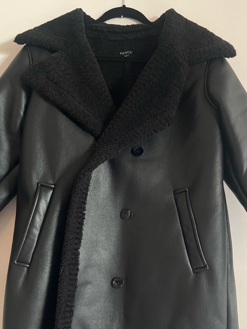 VENUS Black Faux Leather Shearling-Trim Coat